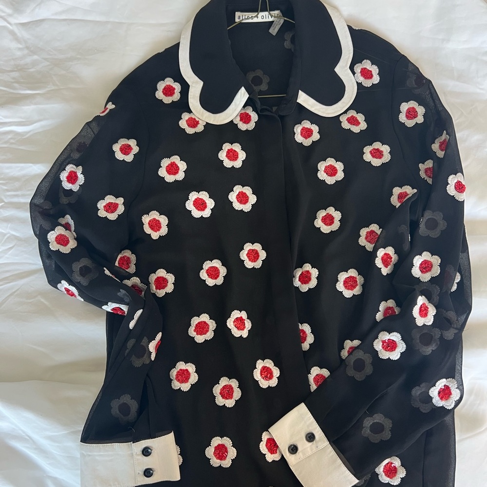 Alice + Olivia Willa embellished placket top size small